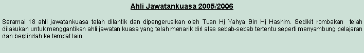 Text Box: Ahli Jawatankuasa 2005/2006Seramai 18 ahli jawatankuasa telah dilantik dan dipengerusikan oleh Tuan Hj Yahya Bin Hj Hashim. Sedikit rombakan  telah dilakukan untuk menggantikan ahli jawatan kuasa yang telah menarik diri atas sebab-sebab tertentu seperti menyambung pelajaran dan berpindah ke tempat lain.